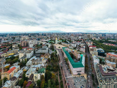 Aerial top view of St Sophia cathedral and Kiev city skyline from above, Kyiv cityscape, capital of Ukraine