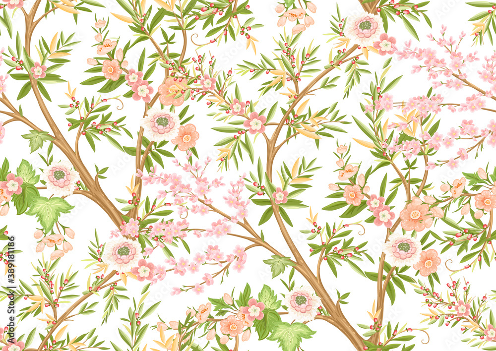 Floral seamless pattern in chinoiserie style. Vector illustration. Floral seamless pattern in chinoiserie style. Vector illustration.