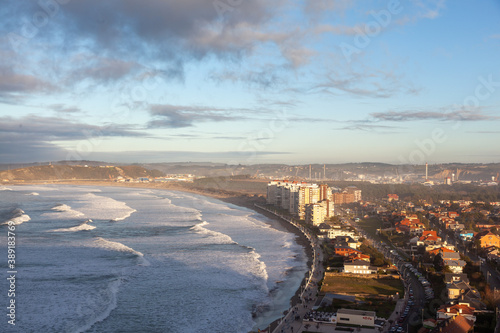 View of Salinas town and beach in Asturias, in northern Spain. Cantabric sea