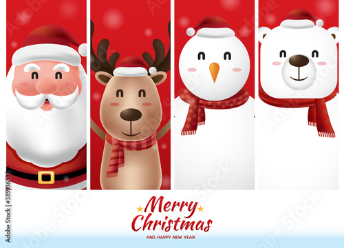 Merry Christmas and Happy New Year with Santa Claus and the gang on red squares background