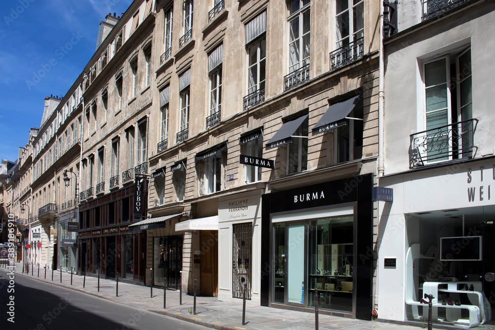 Luxury shopping street Rue Saint Honore in Paris. Famous brands