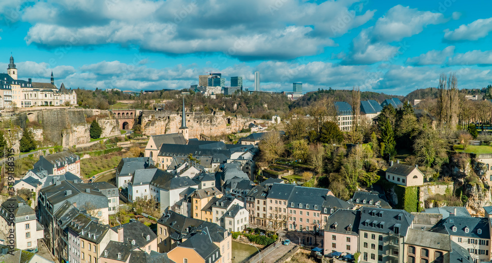 Amazing horizontal aerial panoramic view of Luxembourg-City, Luxembourg with Grund, old town, and Kirchberg business district