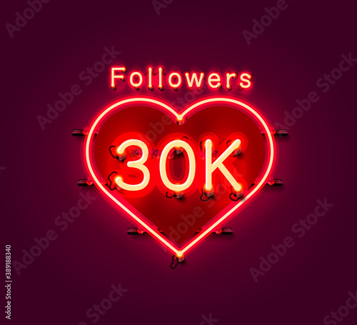 Thank you followers peoples, 30k online social group, neon happy banner celebrate, Vector