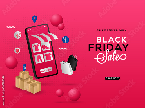 Black Friday Sale Poster Design with E-Shop in 3D Smartphone, Gift Boxes, Shopping Bags on Dark Pink Halftone Background.