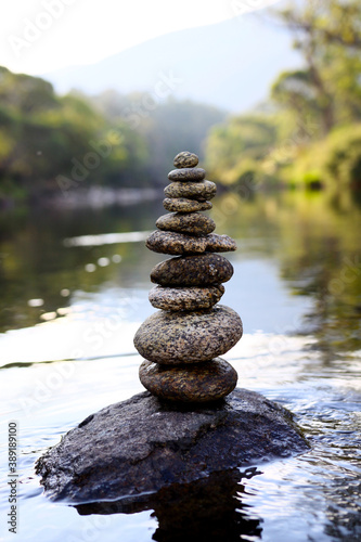 Stone balancing in Thredbo River at Kosciuszko National Park, NSW Australia. 