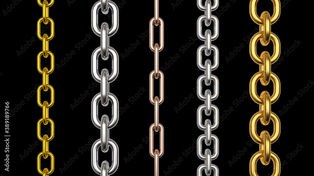 Vertical chains from various metals isolated on a black background. 3d illustration