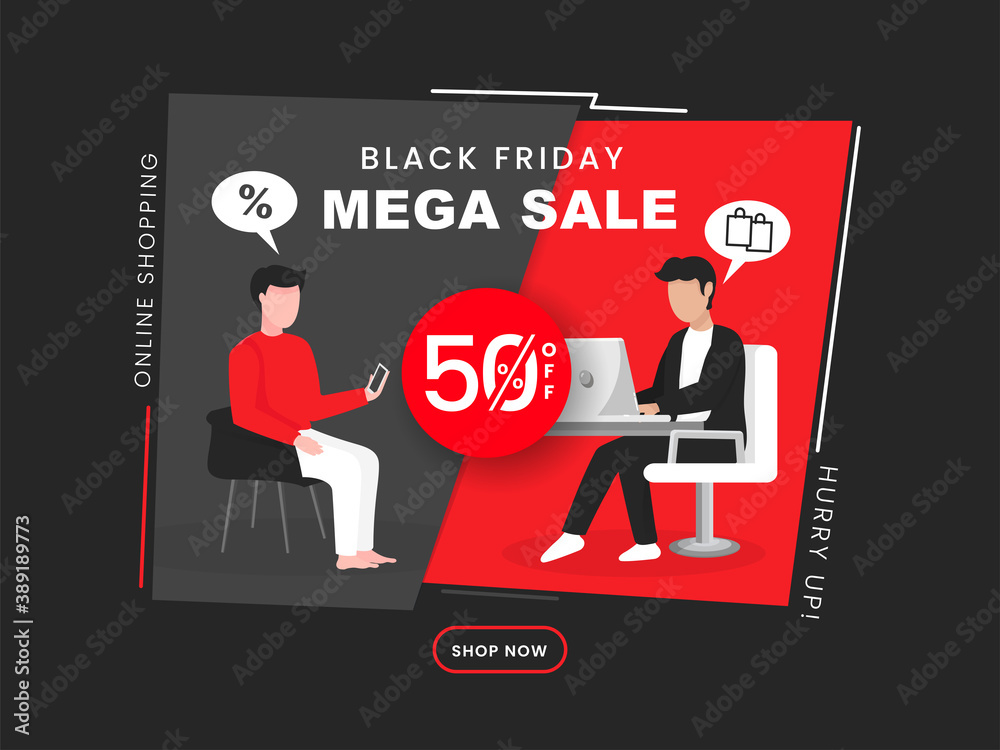 Black Friday Mega Sale Poster Design With 50% Discount Offer, Customer Talking To A Retailer Man Through Video Call On Dark Grey And Red Background. Black Friday Mega Sale Poster Design With 50% Discount Offer, Customer Talking To A Retailer Man Through Video Call On Dark Grey And Red Background.