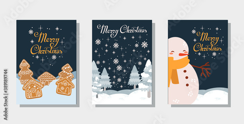 Set of vector Christmas postcards with ginger cookies and snowman. Winter landscape. Christmas tree, winter snow landscape. Collection of merry christmas cards, prints. Dark background. 