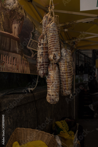 Close up of capocollo and dried and appes salami. Typical cured meats from Irpinia, province of Campania, Italy. Montella chestnut fair 2015.