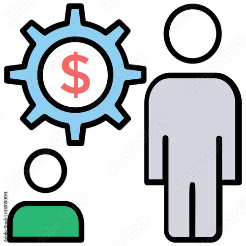 
Dollar sign inside gear wheel and two male avatars symbolising sponsors 
