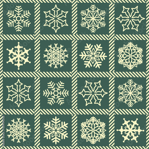 Snowflakes seamless pattern for Christmas. Christmas candy, Christmas gift. Green background