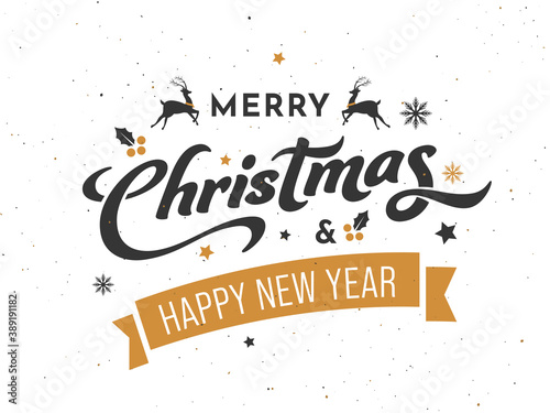 Merry Christmas & Happy New Year Font With Reindeer On White Background.