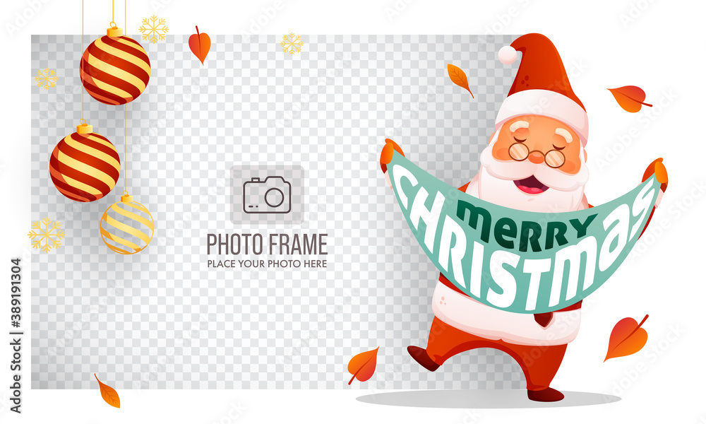 Cheerful Santa Claus Holding A Message Ribbon Of Merry Christmas With Hanging Baubles And Given Space For Image On Png Background.