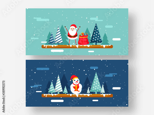 Illustration of Happiness Santa Claus with Snowman Character, Gift Boxes and Xmas Trees on Snowfall Background in Two Color Option.