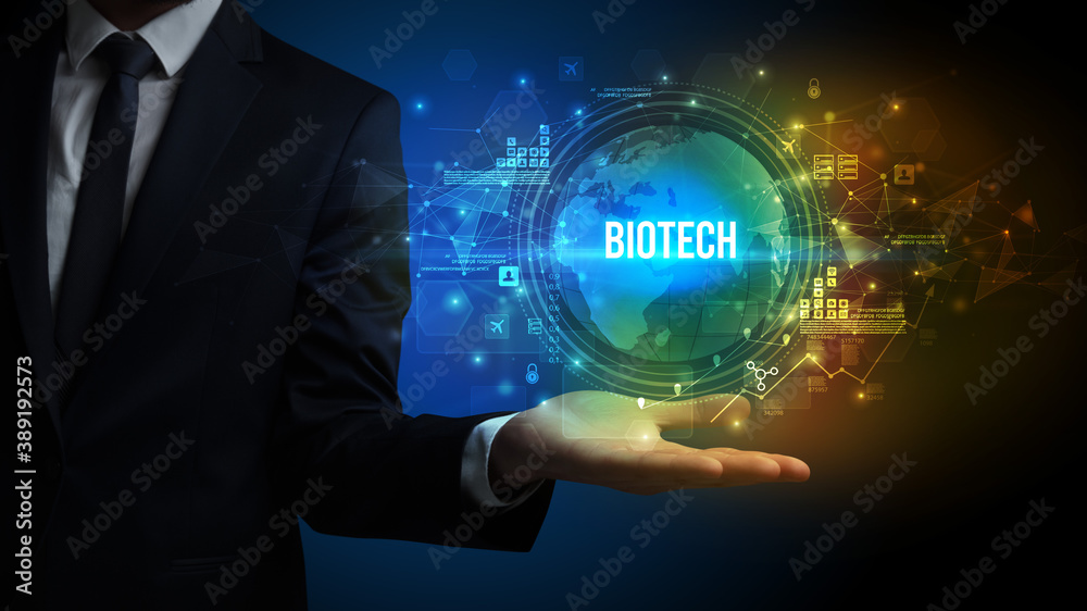 Elegant hand holding BIOTECH inscription, digital technology concept Elegant hand holding BIOTECH inscription, digital technology concept