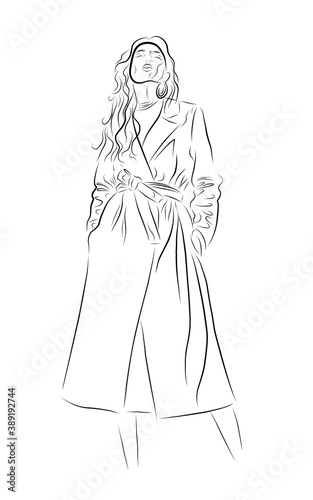 Woman black white isolated on white background. Modern style of clothing. Women in coats. Top Model. Fashion week. Trend illustration