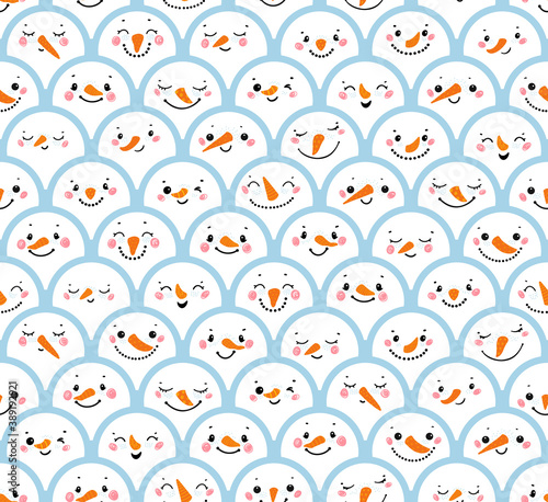 Christmas Seamless Pattern with Cute Snowman Heads. Crowd of Snowmen. Winter Holiday Vector Background with Cartoon Funny Doodle Snowman Faces. Winter Holidays, Christmas, New Year Design