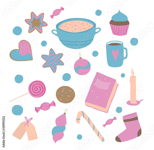 christmas items, toys and cookies raster illustration