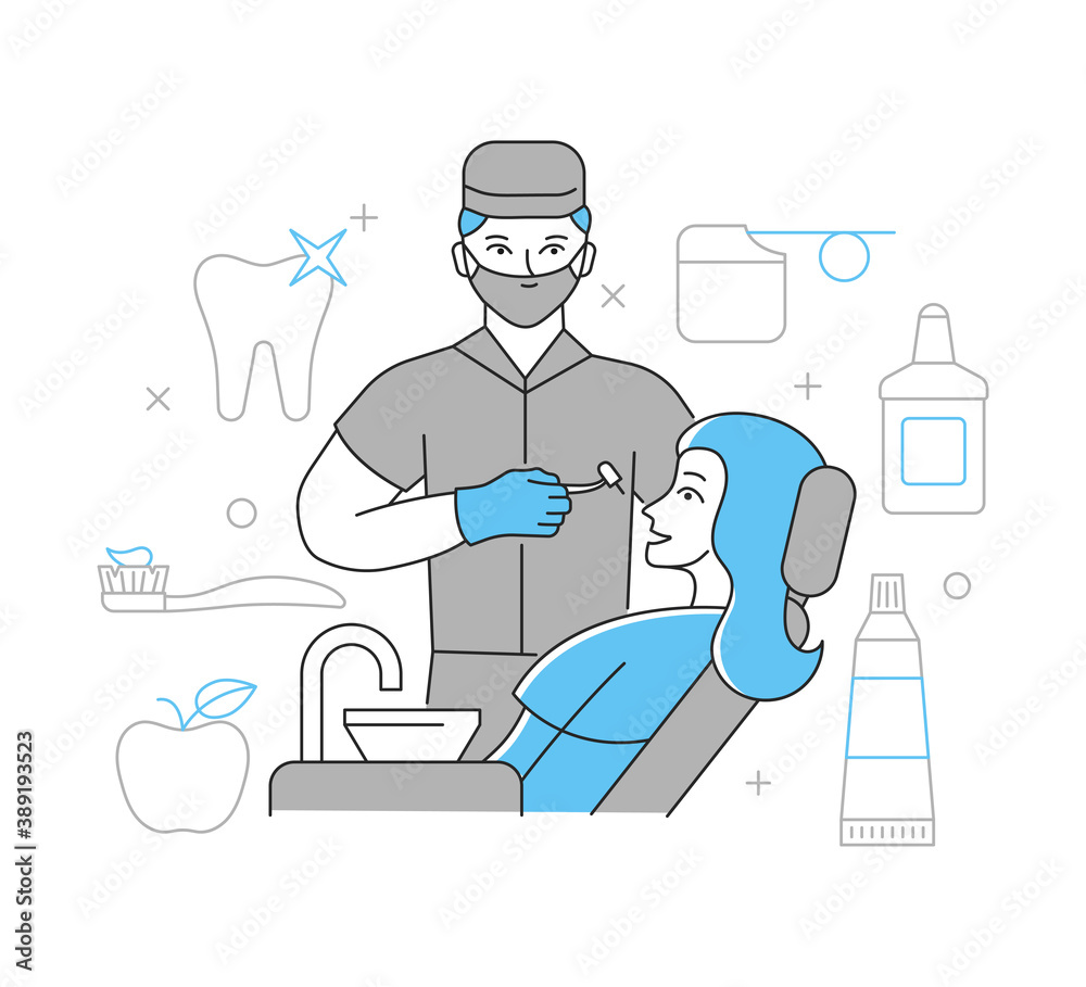 A dentist treats a woman's teeth. The concept of dental care. Linear vector illustration