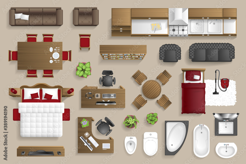 Vector set. Furniture for the bedroom, living room, kitchen, office, bathroom. Top view. Double bed, desk, sofa, wardrobe, bath, sink, chair. View from above. - obrazy, fototapety, plakaty 