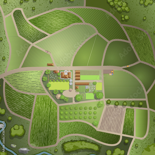 Vector illustration. Green farm in the landscape. (top view)  