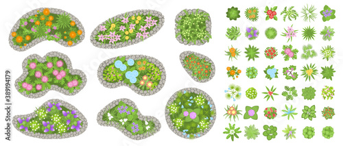 Vector set. Flowers and flower beds. Top view. Collection of different flowers for architectural and landscape design. (View from above) Nature green spaces.