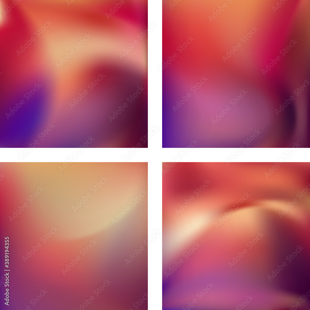 Set with abstract blurred backgrounds. Vector illustration. Modern geometrical backdrop. Abstract template. Orange, beige, red, purple colors.