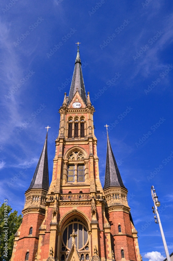 Church, details of architecture and blue sky in Chemnitz. St. Peter's Church, Chemnitz (Petrikirche) Germany. During sunny day with blue sky.