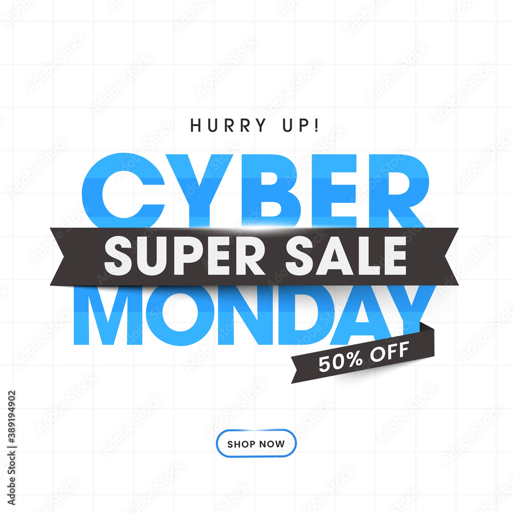 Cyber Monday Super Sale Poster Design with 50% Discount Offer on White Grid Background.