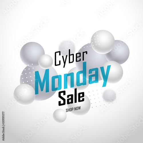 Cyber Monday Sale Poster Design with 3D Balls or Spheres on White Background.