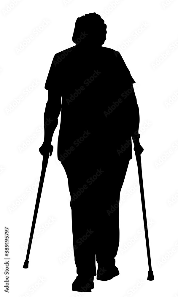 Silhouette of an elderly woman advancing with crutches Silhouette of an elderly woman advancing with crutches