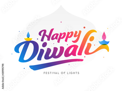Gradient Happy Diwali Font with Oil Lamps (Diya) on White Background.
