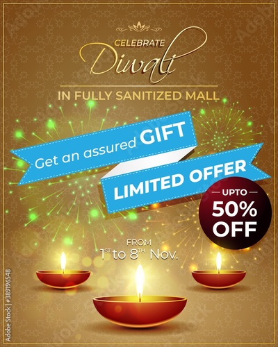 Diwali Festive Season Sale banner, up to 50% cashback. Limited offer Dipawali, Indian festival, diya lamp, oil lamp, get an assured gift, vector illustration offer banner, advertisement