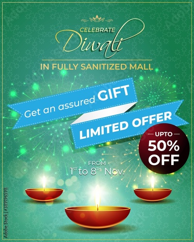 Diwali Festive Season Sale banner, up to 50% cashback. Limited offer Dipawali, Indian festival, diya lamp, oil lamp, get an assured gift, vector illustration offer banner, advertisement