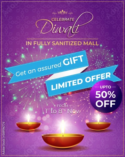 Diwali Festive Season Sale banner, up to 50% cashback. Limited offer Dipawali, Indian festival, diya lamp, oil lamp, get an assured gift, vector illustration offer banner, advertisement