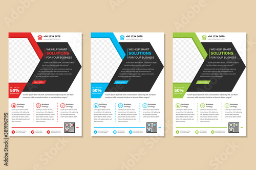 business flyer design template use half hexagon for space for photo collage. abstract geometric style with arrow element in black. white background use vertical layout.