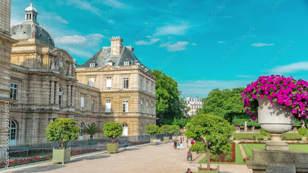 Luxembourg Palace and park timelapse hyperlapse in Paris, the Jardin du Luxembourg, one of the most beautiful gardens in Paris. France.