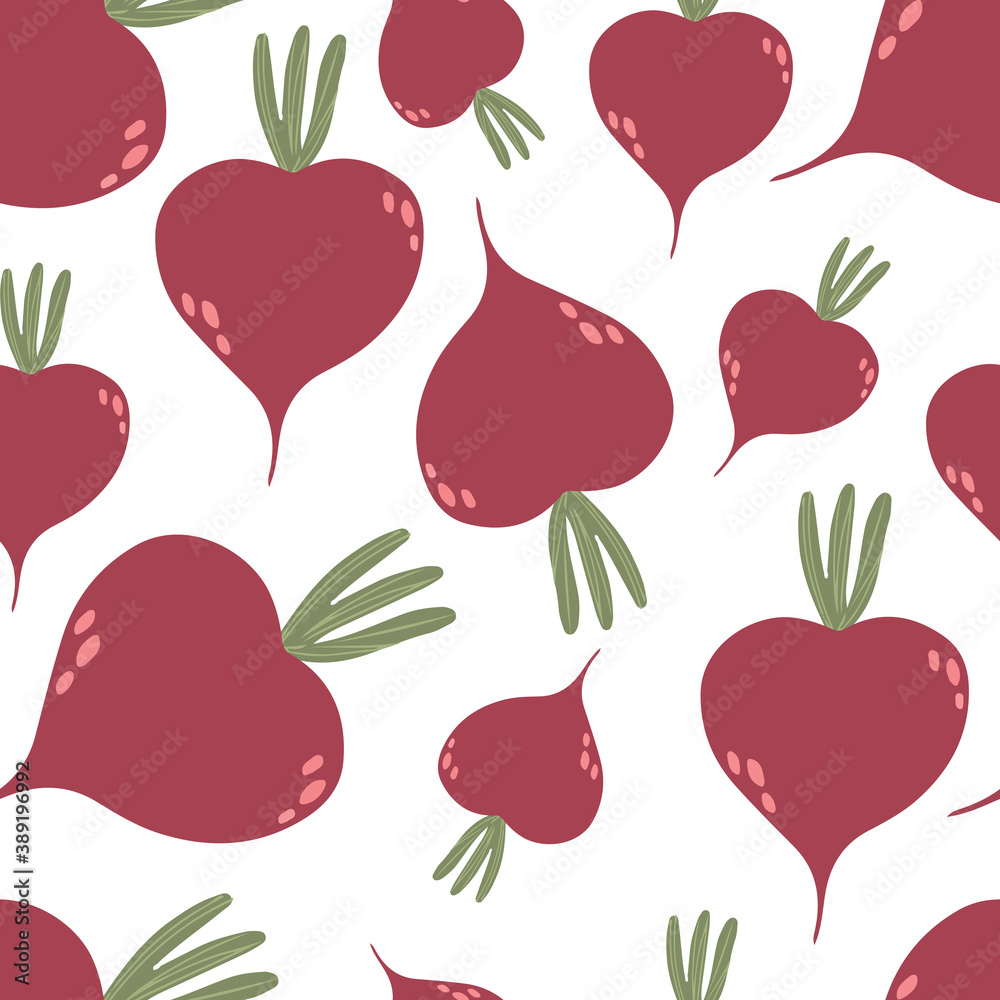 Seamless pattern with beets in cartoon style on white. Vegetable pattern. Vector. Wrapping paper, wallpaper. Organic food Seamless pattern with beets in cartoon style on white. Vegetable pattern. Vector. Wrapping paper, wallpaper. Organic food