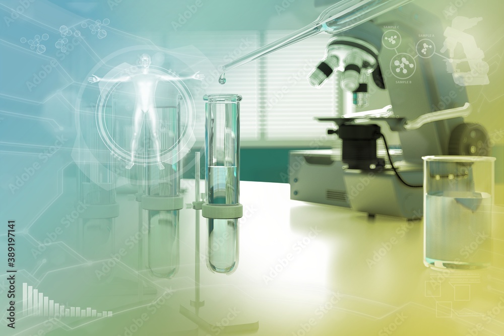 biotechnology study texture or background - proofs and microscope in office - colorful conceptual medical 3D illustration biotechnology study texture or background - proofs and microscope in office - colorful conceptual medical 3D illustration