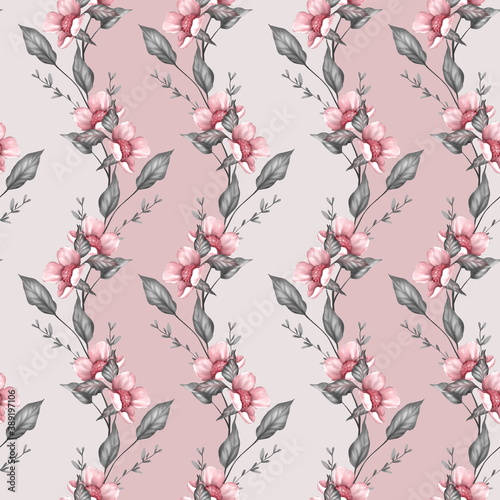 Seamless striped floral pattern. Delicate flowers backgound