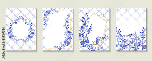 Set of Wedding invitation card in Russian ornamental traditional painting art style gzhel. Blue flowers leaves and whorls, exquisite folk ethnic design. Flyer collection.