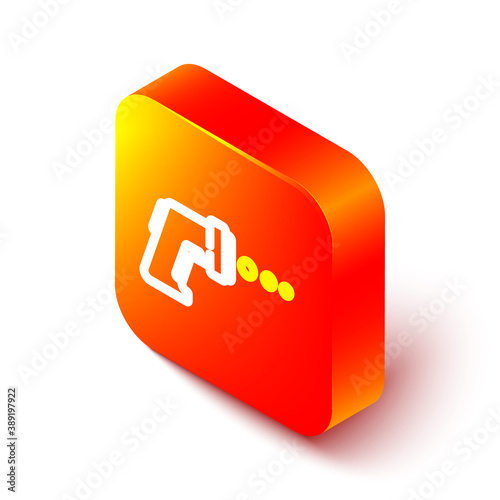 Isometric line Digital contactless thermometer with infrared light icon isolated on white background. Orange square button. Vector.