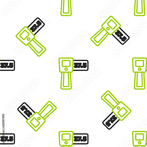 Line Digital contactless thermometer with infrared light icon isolated seamless pattern on white background. Vector.