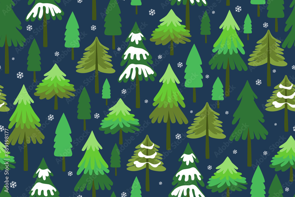 Obraz premium .Hand-drawn winter coniferous forest. Seamless vector pattern. Christmas design. Landscape in a cartoon style.