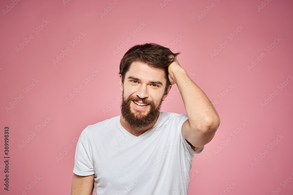 cute bearded men white t-shirt studio pink isolated background cute bearded men white t-shirt studio pink isolated background