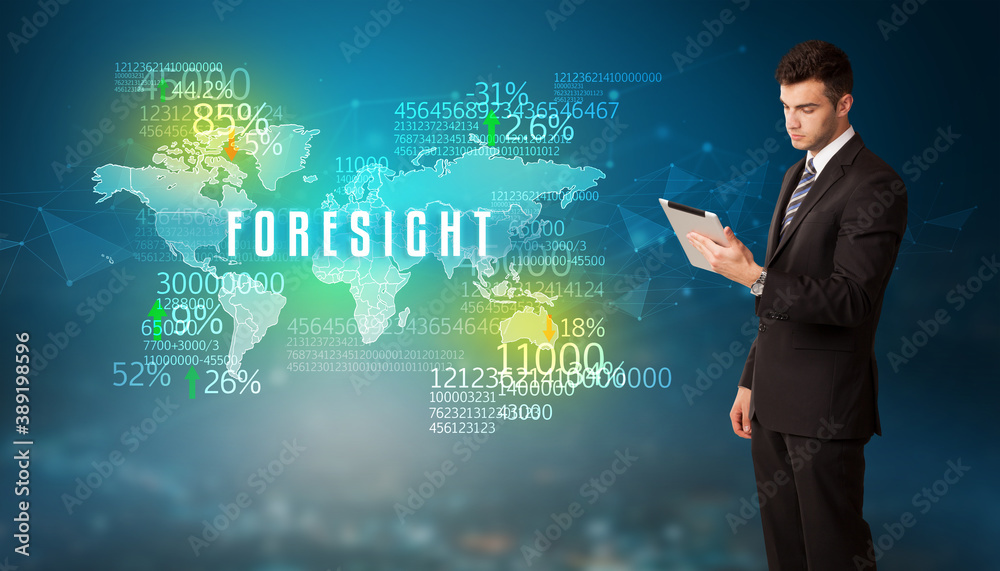 Businessman in front of a decision with FORESIGHT inscription, business concept Businessman in front of a decision with FORESIGHT inscription, business concept