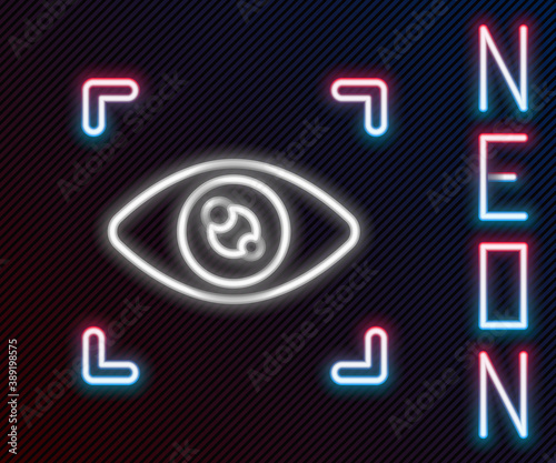 Glowing neon line Eye scan icon isolated on black background. Scanning eye. Security check symbol. Cyber eye sign. Colorful outline concept. Vector.