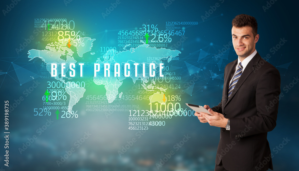 Businessman in front of a decision with BEST PRACTICE inscription, business concept Businessman in front of a decision with BEST PRACTICE inscription, business concept