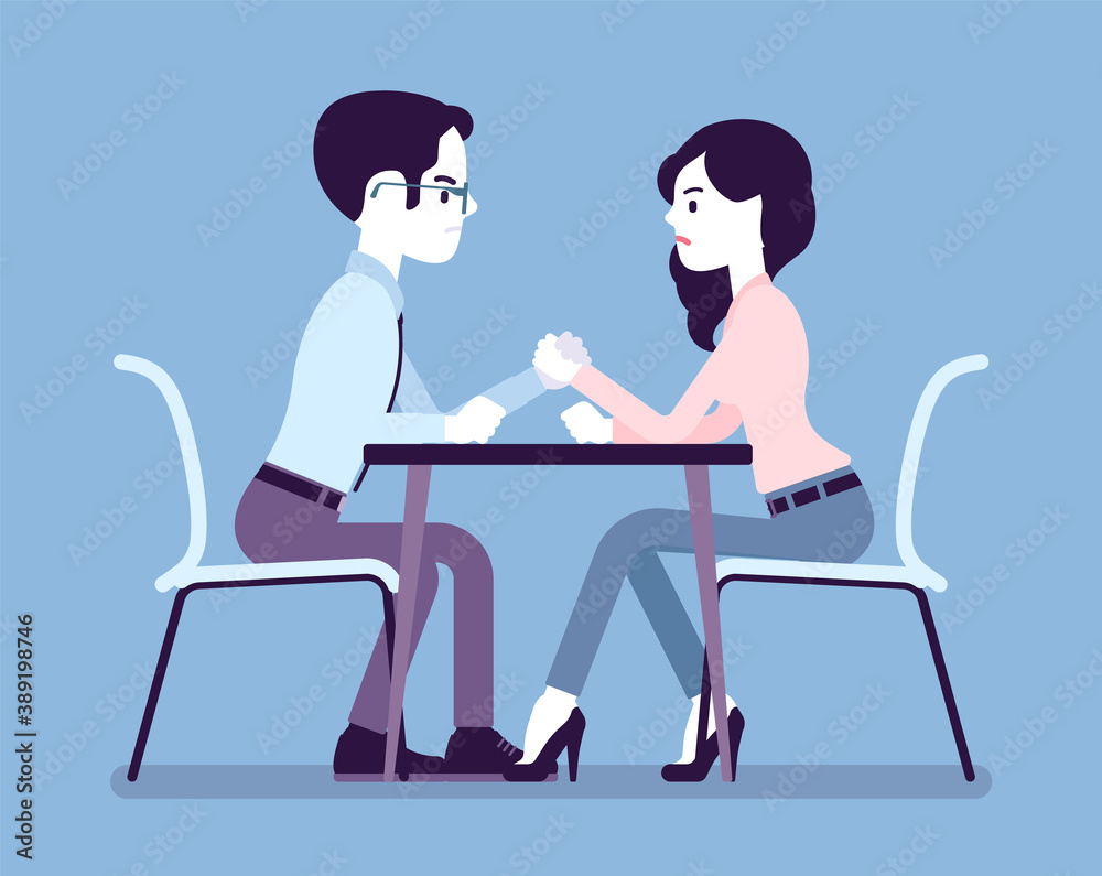 Arm wrestling between two business opponents in competition, man and woman. Strategy to achieve and sustain competitive success, industry professionals battle. Vector creative stylized illustration