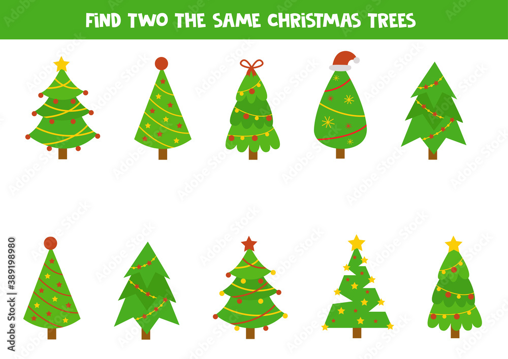 Fotografie Find two the same Christmas fir trees. Logical worksheet.